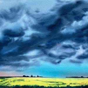 Rainy Sky PAINTING ORIGINAL Landscape Toscana Watercolor Meadow Field Summer Art 9x12&quot; UNFRAMED Rain Wall Home Small Decor by Elena Tuncer