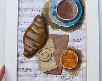 Coffee & Croissant ORIGINAL Painting Acrylic Still Life on Music Paper Unframed Hand Painted by Elena Tuncer