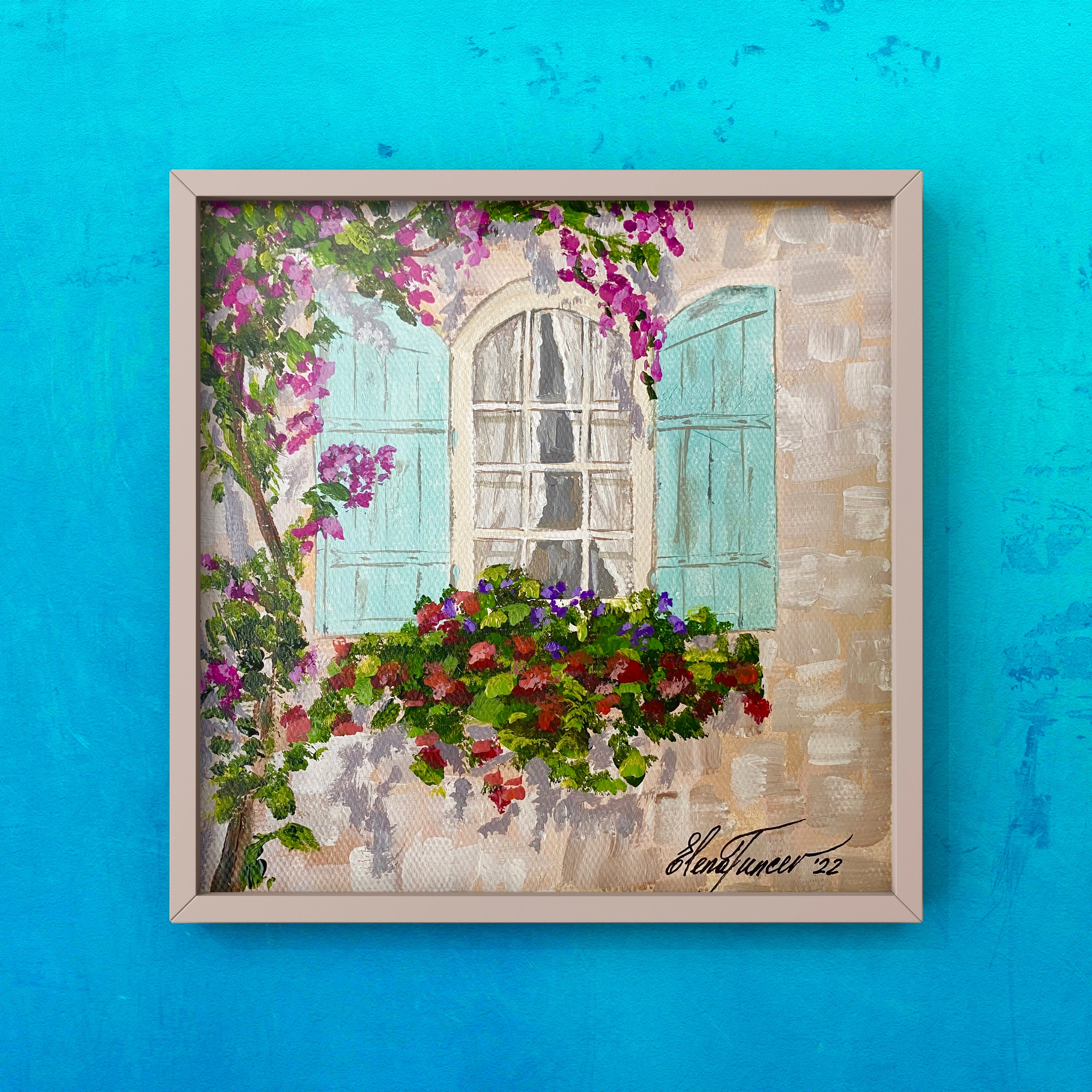 Mediterranean Window Flowers ORIGINAL Painting Italian Street Art