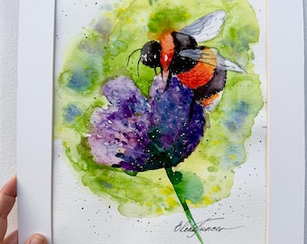 Pintura original de abejorro, arte floral con insectos en acuarela, 30 x 23 cm, sin marco, pintada a mano por Elena Tuncer.