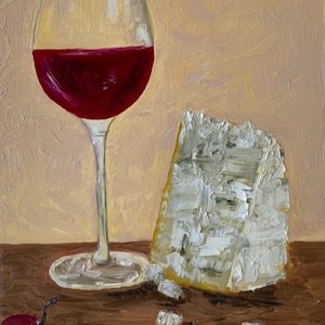 Red Wine Painting: Cheese Still Life, Abstract Impasto Oil Art (14x10)