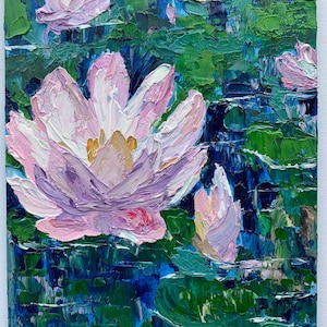 Lotus Oil Painting: Impasto Water Lily on Wood Panel, 10x8 Floral Art