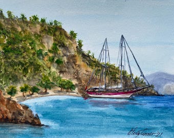 穏やかな海景：海上のヨット 水彩画 オリジナル - Etsy 日本