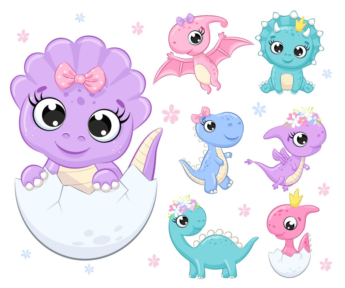 Cute Baby Dinosaur Clipart PNG EPS Dino girl party. | Etsy