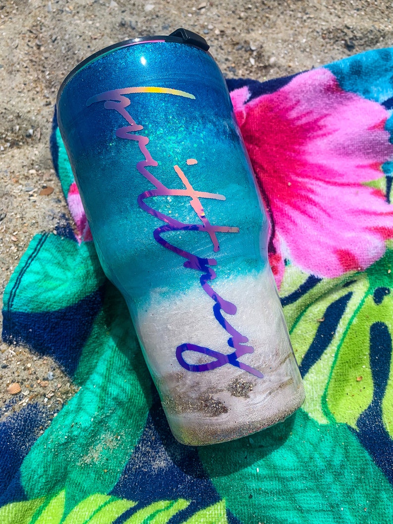 Beach glitter tumbler Beach tumbler paint and glitter beach Etsy