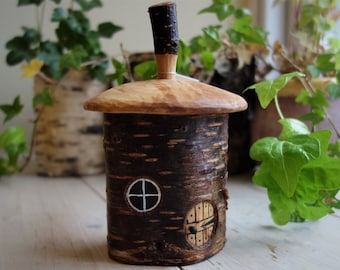 Hand-carved Birch faerie house storage pot made in the NW Highlands of Scotland