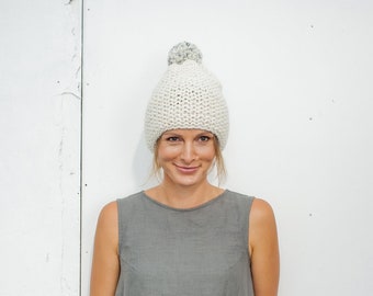 Beanie with pom pom, Hand knitted hat, Warm knit beanie hat