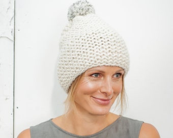 Hand knitted beanie, Winter slouch beanie, White knitted hat, Knitted slouch with pompon