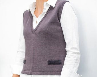 Hand knit merino wool vest, Natural woolen women's knitted vest, Luxurious vest, Knit minimalist brown vest