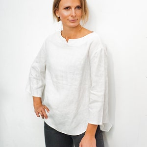 Minimal linen blouse, Long sleeve linen top, Oversized linen blouse, Loose-fit linen shirt, Handmade linen waar image 2