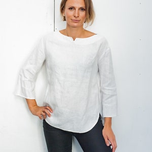 Minimal linen blouse, Long sleeve linen top, Oversized linen blouse, Loose-fit linen shirt, Handmade linen waar image 4