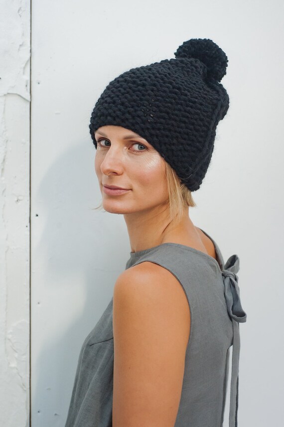 Hand Knitted Beanie, Winter Slouch Beanie, Black Knitted Hat Hand Knitted Beanie, Winter Slouch Beanie, Black Knitted Hat