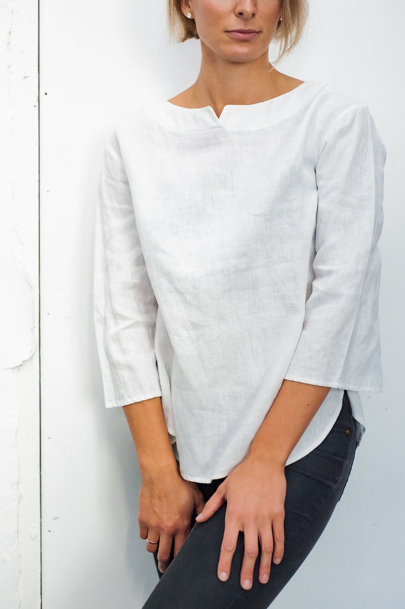 Minimal linen blouse, Long sleeve linen top, Oversized linen blouse, Loose-fit linen shirt, Handmade linen waar image 3