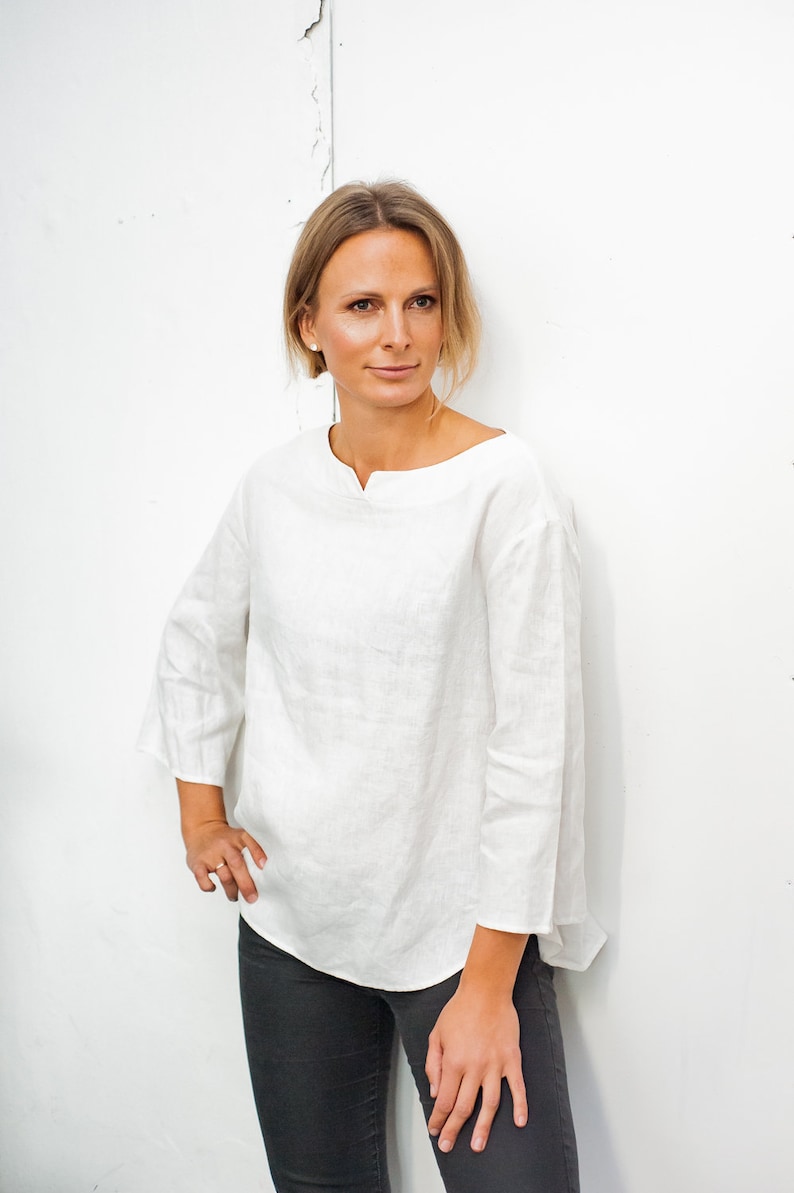 Minimal linen blouse, Long sleeve linen top, Oversized linen blouse, Loose-fit linen shirt, Handmade linen waar image 2