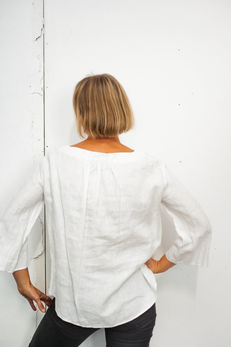 Minimal linen blouse, Long sleeve linen top, Oversized linen blouse, Loose-fit linen shirt, Handmade linen waar image 6