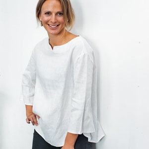 Minimal linen blouse, Long sleeve linen top, Oversized linen blouse, Loose-fit linen shirt, Handmade linen waar image 5