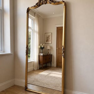 Ornate Gold Baroque Style Full Length Floor Mirror with Decorative Crest