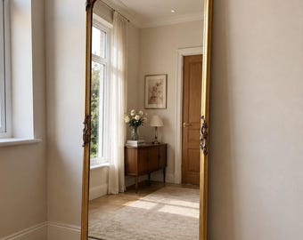 Ornate Gold Baroque Style Full Length Floor Mirror with Decorative Crest