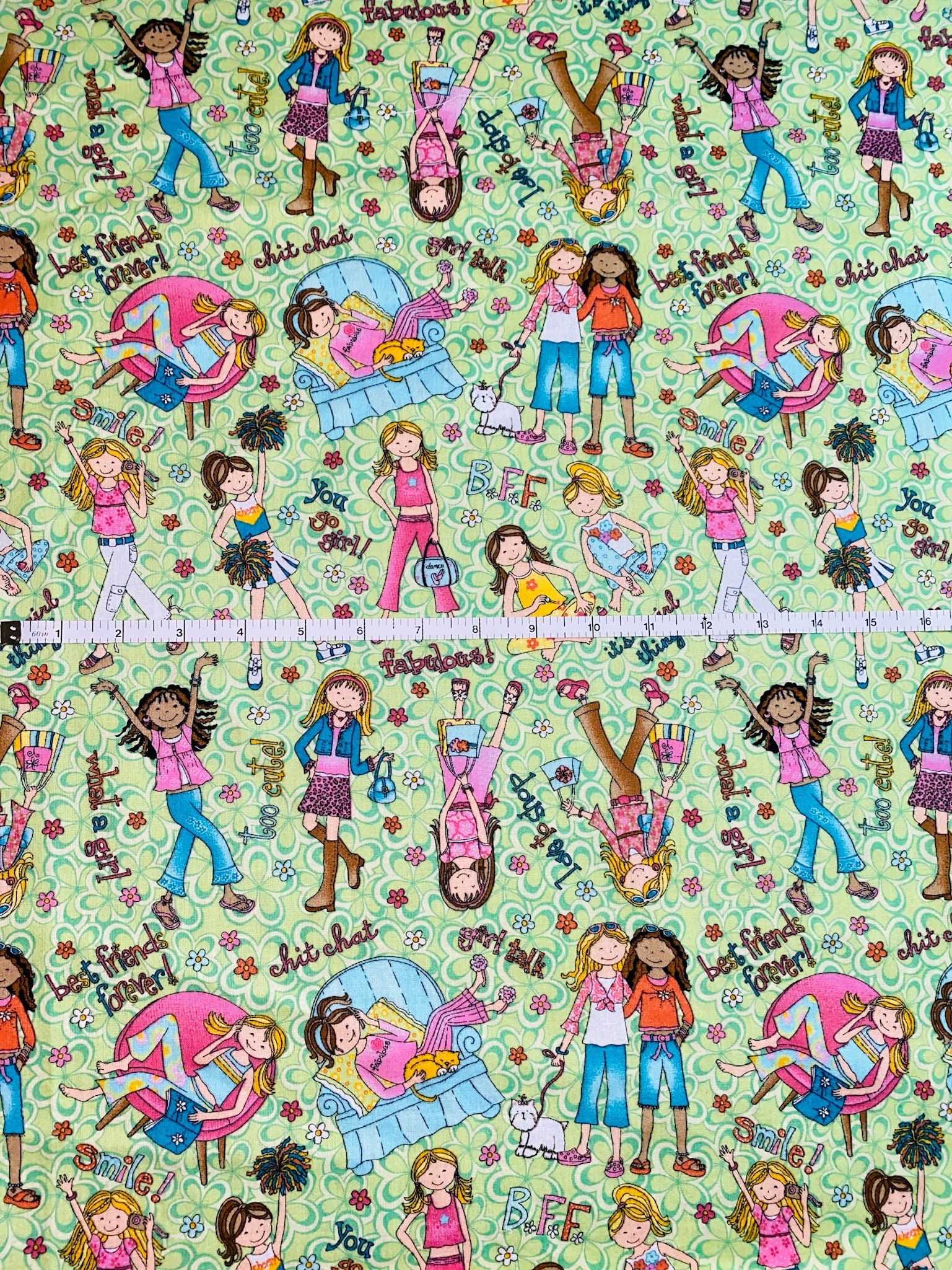 Best Friends Cute Print Cotton Fabric By The Yard Green BFF Etsy