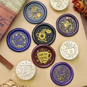 Sellos de lacre, sellos de café, acerca de sellos de café para envolver regalos, tarjetas de boda, kit de sellos de cera para amantes del café, sello de sellado de cafetería