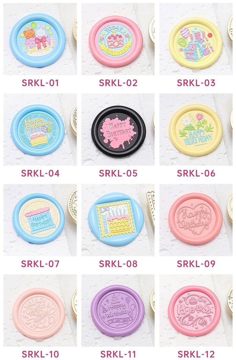 May include: Twelve different wax seal stamps with birthday themes. The stamps are round and feature various designs, including cakes, balloons, and the words "Happy Birthday".