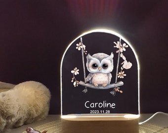 Veilleuses personnalisées pour bébé, jolie chouette sur la balançoire florale, veilleuse personnalisée cadeau pour bébé, déco chambre de bébé, chouette