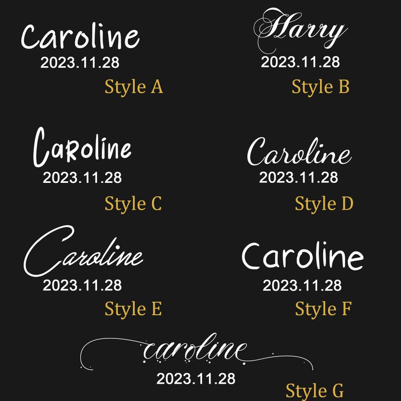 May include: Seven different styles of the name "Caroline" written in white cursive script on a black background. Each style is labelled with a letter from A to G. The date "2023.11.28" appears below each name.