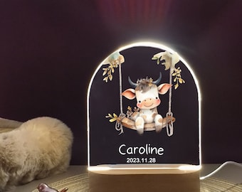 Personalized night lights for baby, dairy cow on the swing night lamp, Customized Lovely Cow baby night light, baby room deco shower gift