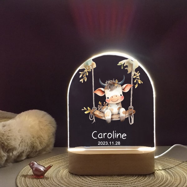 Personalized night lights for baby, dairy cow on the swing night lamp, Customized Lovely Cow baby night light, baby room deco shower gift