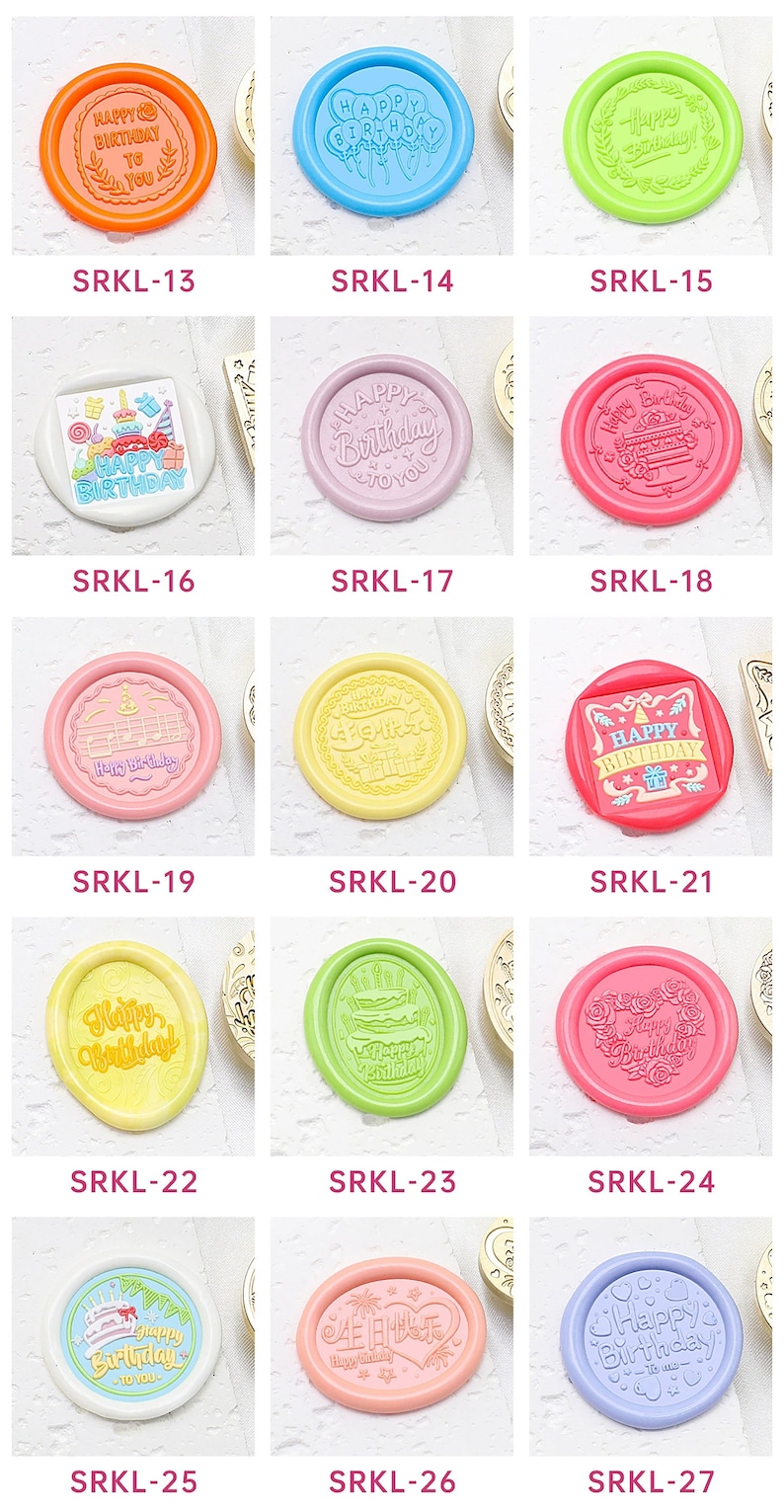 May include: A set of 27 different wax seal stamps featuring various birthday designs. The stamps are made of metal and have a variety of colors, including pink, blue, green, yellow, and orange. The designs include balloons, cakes, and other birthday-themed imagery. The text on the stamps includes "Happy Birthday" and "To You".