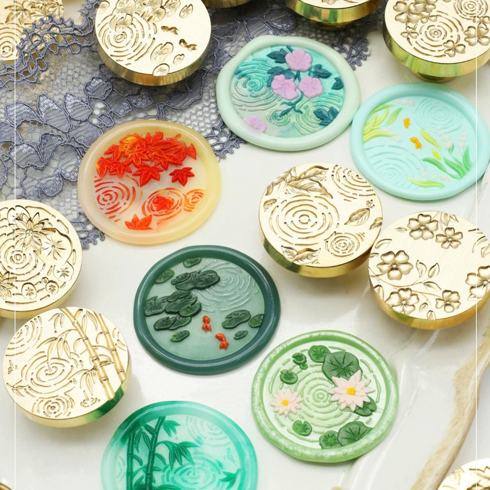 Wax Seal Stamps, Ginkgo biloba leaf Stamp, Rain ripples Wax Seals for Gift Wrapping, Lotus leaves and goldfish Wax Stamp Kit Botanical Stamp