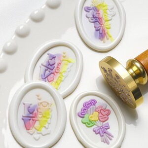 Timbres de cire, timbre fille Muguet, timbres de cire pour cadeau d'invitation, timbre de cire chaton buisson de fleurs, timbre bouquet de ballons d'amour