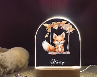 Personalized Fox night lights for baby, Fox on the swing night lamp, Customized Lovely Fox baby night light, baby room deco shower gift