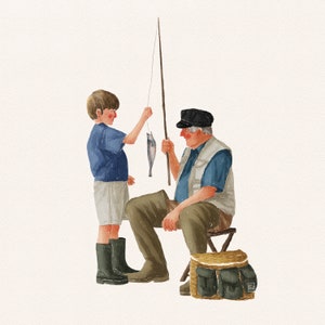 Puede incluir: Un hombre y un ni&ntilde;o pescando juntos. El hombre lleva una camisa azul y un sombrero. El ni&ntilde;o lleva una camisa azul y pantalones cortos. Ambos sostienen ca&ntilde;as de pescar y han pescado un pez.