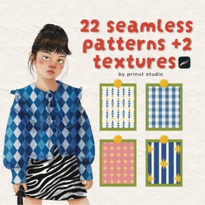 May include: A digital illustration of a person wearing a blue argyle collared jacket and a black and white zebra print skirt. The text reads 22 seamless patterns +2 textures by prinut studio, accompanied by four rectangular swatches of patterns.