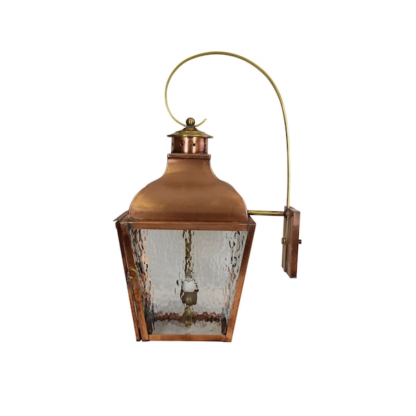 Point Pleasant Lantern - Raw Copper - Clear Hammered Glass - Wall Bracket - Top Scroll