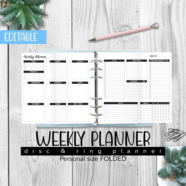 Undated WEEKLY Planner EDITABLE, Personal Size, Foldout Insert Filofax, Folded Editable PDF Printable Insert