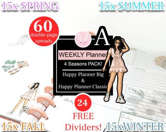 Undated Weekly and Daily A Planner BUNDLE, 4 Seasons Pack for Happy Planner Big & Classic Insert, week at a glance, happy planner horizontal