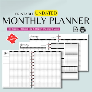 UNDATED MONTHLY Planner, Happy Planner Big & Classic, Monthly Log, Monthly Overview, Month at a Glance, PDF Printable Insert