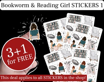 BOOKWORM stickers, boek meisje planner stickers, boeken stickers, Booklover stickers