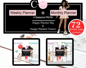 Undated Weekly & Monthly C Planner BUNDLE, Cute Black Planner Girl 4 Seasons Pack for Happy Planner Big and Classic Insert, Glam Girl Pages