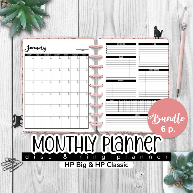 Undated MONTHLY Planner, Happy Planner BIG & Classic, Monthly Log, Monthly Overview, Month at a Glance, PDF Printable Insert zdjęcie 1