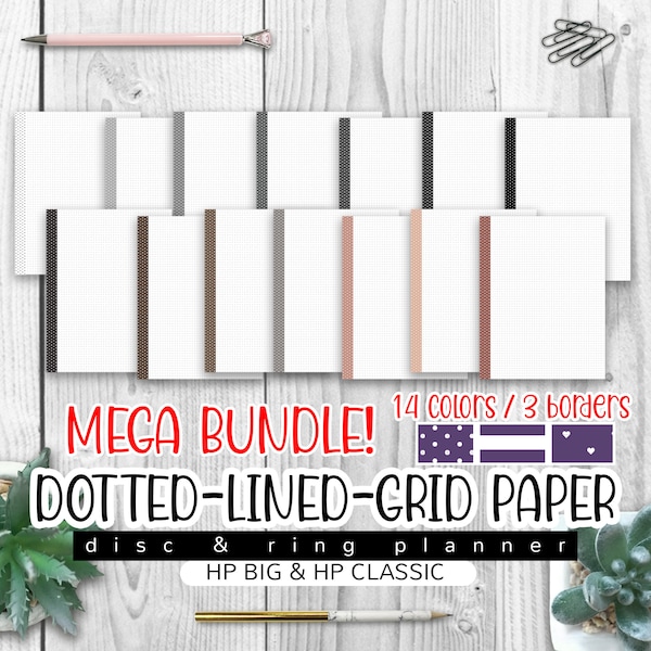 Bundle Greyscale & Muddy Ground Dotted, Lined and Grid Paper with 14 color borders! Big and Classic Happy Planner Inserts