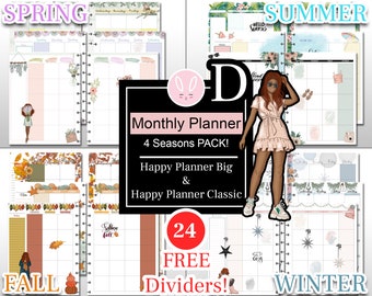 Undated Monthly D Planner BUNDLE, Cute Black Planner Girl  with Red Hair 4 Seasons Pack for Happy Planner Big & Classic Insert, Girl Boss