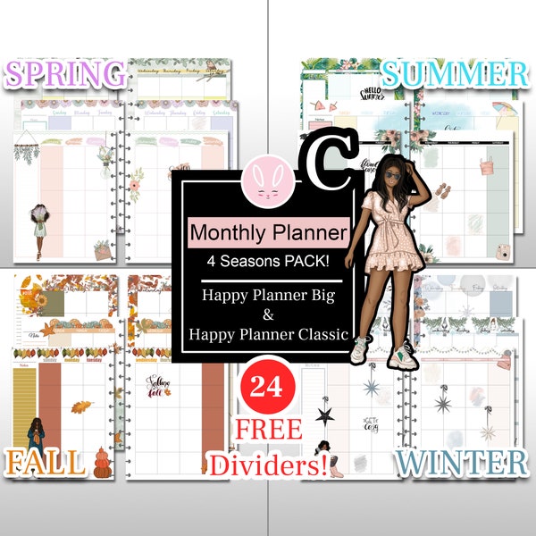 Undated Monthly C Planner BUNDLE, Cute Black Planner Girl 4 Seasons Pack for Happy Planner Big & Classic Insert, New Girl Planner, Glam Girl