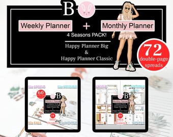 Undated Weekly & Monthly B Planner BUNDLE, Planner Girl with BLOND HAIR 4 Seasons Pack for Happy Planner Big and Classic Insert, New Girl