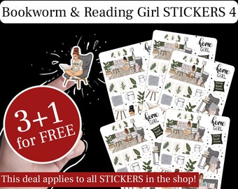 Bookworm & Reading Girl 4, Planner Girl Stickers Sheet, Stay at Home Stickers, Work from Home Stickers, Plannergirl and Reading Stickers