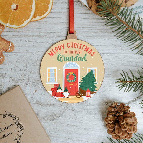 Festive Scene Gonk Christmas Decoration For Grandad Ornament Merry Christmas Wooden Bauble Card Insert Keepsake for Grandpa Family Xmas