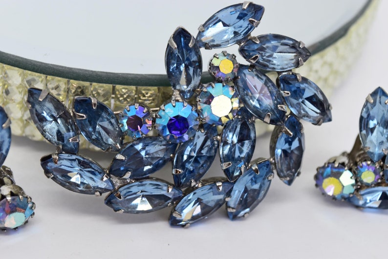 Juliana Blue Rhinestone Brooch and Earrings.