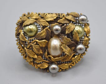 Vintage Gold Dress Clip: Czech Art Deco Faux Pearl Brooch